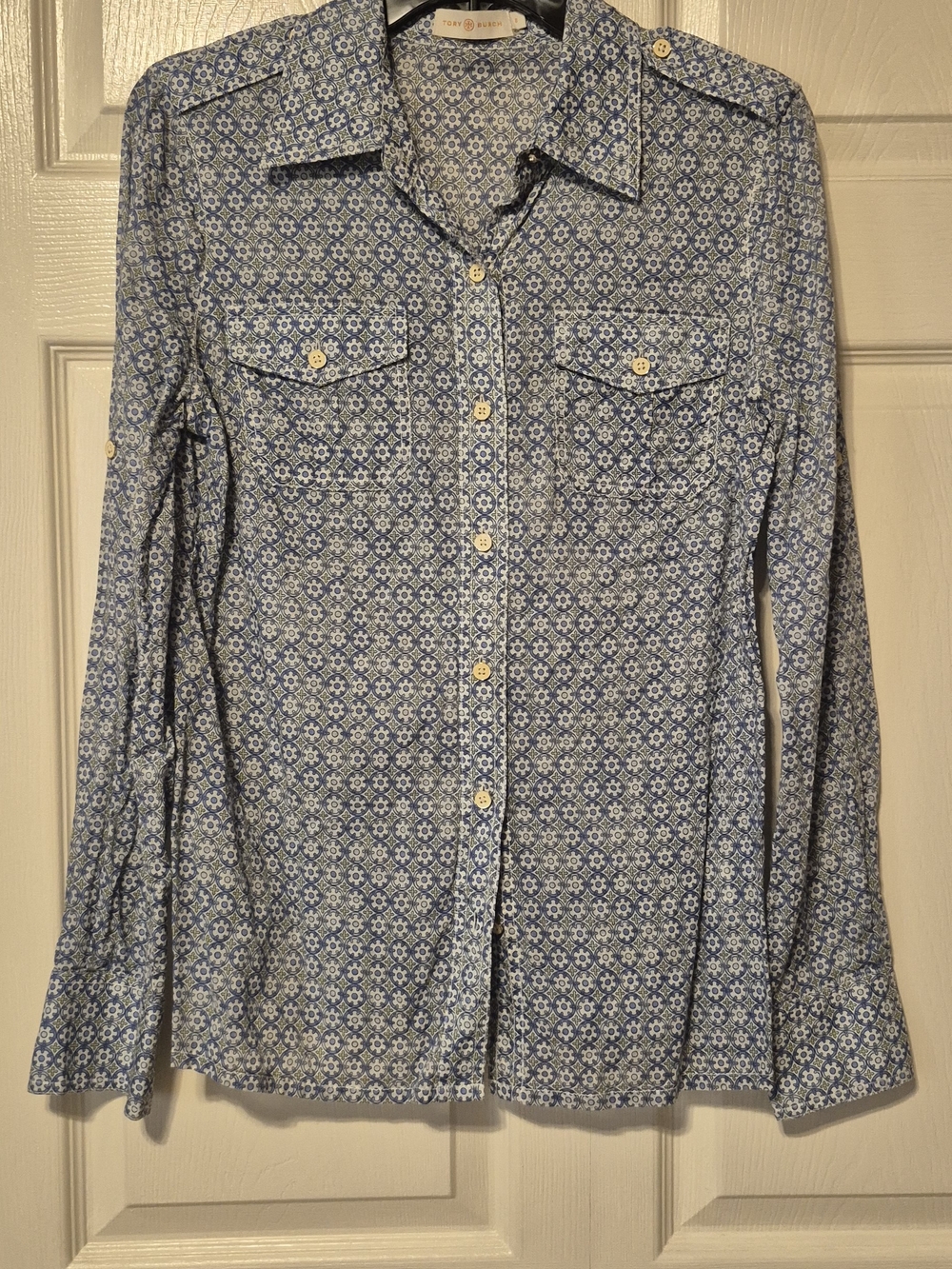Tory Burch Blue Floral-Print Button Down Shirt